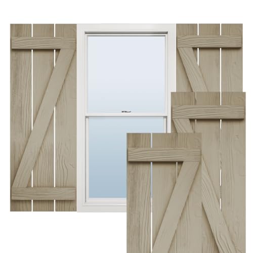 Ekena Millwork 23 1/2"W x 40"H Rustic Four Board Spaced Board-n-Batten Sandblasted Faux Wood Shutters w/Z-Board (Per Pair), Primed Tan