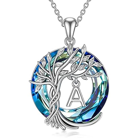 Tree of Life Necklace Sterling Silver A Initial Letter Pendant Necklace Blue Circle Crystal Fashion Jewelry Gifts for Women Girls Birthday Christmas Cover