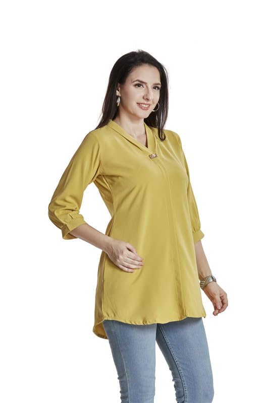 Image of nioni Women's Purple Poly Linen Blend Tunic Top with 3 /4 Sleeves, Printed Yoke, Kantha Stitch Detailing & Mandarin Collar