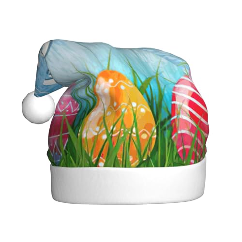 EdWal Easter Egg Bunny Grass Wooden Print Plush Santa Hat, Christmas Hats For Adults, Cozy Holiday Headwear, For Christmas Parties