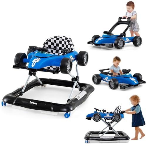 Image of INFANS 4 in 1 Baby Walker, Foldable Toddler Activity Center with Adjustable Height, Padded Seat, Music, Light, Removable Tray, Push Walker for Girls Boys Aged 6-18 Months (Blue)