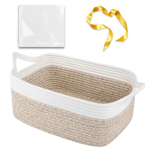 Image of OIAHOMY Woven Basket, Gift Basket Empty with Gift Bags and Ribbons, Rope Baskets for Baby Showers, Storage Baskets with Handles for Nursery, Pet Toy Organizer - Brown & White