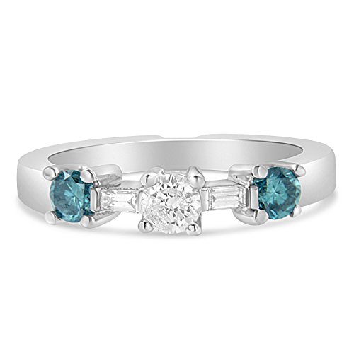 Original Classics 14K White Gold Treated Blue Round and Baguette Diamond Three Stone Ring (0.75 Cttw, Blue Color, SI2-I1 Clarity) - Size 7-1/2