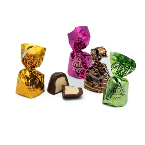 Bombones Surtidos 1 kg Naranja, Avellana, Trufa y Capuchino Sin Gluten | Bombones de chocolate en sabores naranja, avellana, trufa y capuchino. Sin gluten. Contiene frutos secos, lácteos y soja