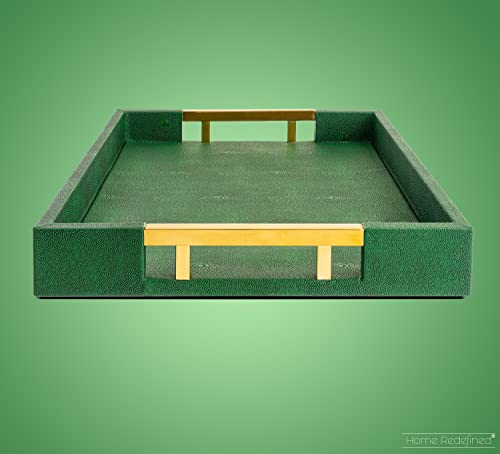 Modern Elegant 18"x12" Rectangle Emerald Green Shagreen Faux Leather Decorative Tray Ottoman Coffee Table Perfume Living Room Kitchen Serving Tray with Gold Polished Metal Handles for All Occasion's