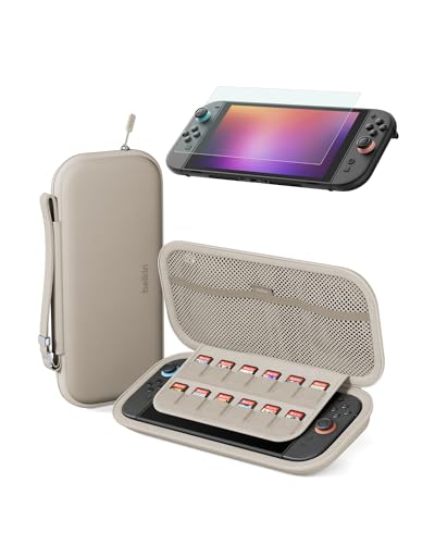 Image of Belkin Gaming Travel Bag Carrying Case (Sand) w /Hard Shell + Blue Light Filter TemperedGlass Screen Protector Bundle for Nintendo Switch 2 - Travel Essentials w /AirTag Holder, Game Storage, & More