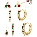 Christmas Earrings for Women, Gold Red Green Stud Hoop Festive Holiday Earring Set for Christmas Jewelry Gifts