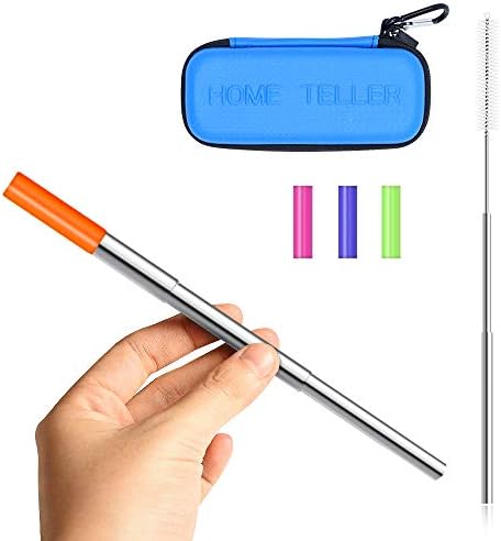 Reusable Straws Stainless Steel Straws Metal Straws Collapsible Straw Portable Straw Foldable Straw Telescopic Folding Adjustable Straw with Case Holder Keychain and Cleaning Brush(Blue Straws case)