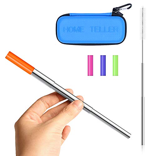 Reusable Straws Stainless Steel Straws Metal Straws Collapsible Straw Portable Straw Foldable Straw Telescopic Folding Adjustable Straw with Case Holder Keychain and Cleaning Brush(Blue Straws case)