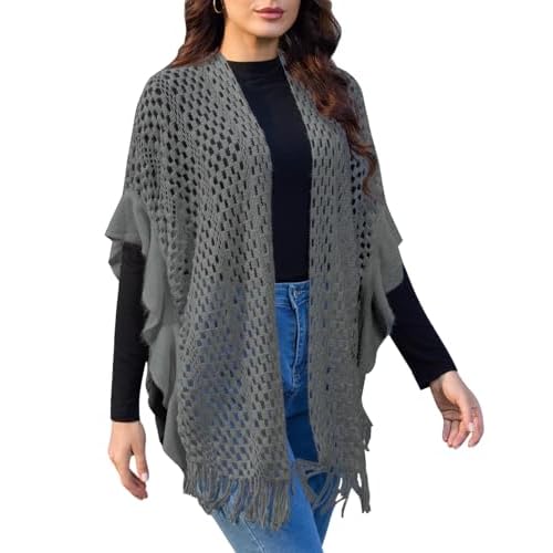 Ferand Women's Lightweight Ruffle Shawl Wraps Open Front Crochet Fringe Poncho Cardigan for Spring and Summer Grey