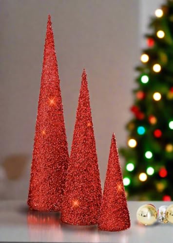 TenWaterloo Set of 3 Red Jeweled and Glittered Christmas Topiary Cone Trees- 24 Inches, 17.5 Inches...