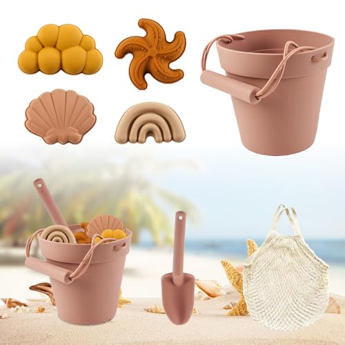 Nzkeuf Sandspielzeug Silikon 7 Pecices Sand Spielzeug Set Weich Silikon Sandkasten Spielzeug mit Eimer Spaten Muschel Seestern und Netzbeutel für Strand Sandkasten