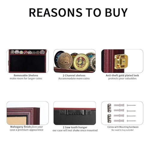 Image of Jinchuan Military Challenge Coin Display Case Lockable Cabinet Rack Holder Shadow Box with Removable 2 Grooves Shelves and Anti Dust Door for Casino Poker Chips Collectibles, Large - Mahogany