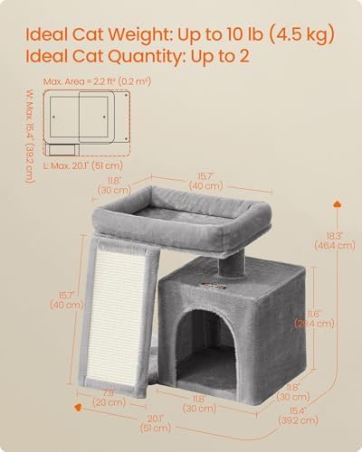 Feandrea Small Cat Tree, Cat Tower Condo for Kittens, Scratching Ramp, Top Perch, Cave, 50.2 x 30 x 44.6 cm, Dove Gray UPCT010GD01 - 4