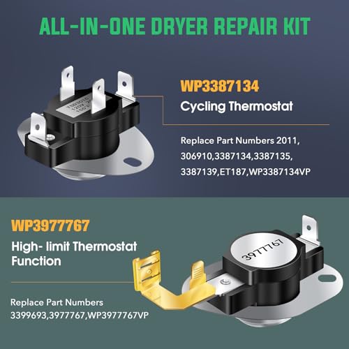 279838 Dryer Heating Element 3403585, 3387134 Cycling Thermostat, 3977767 High-limit Thermostat, 3977393 Thermal Cut-off Switch, 3392519 Thermal Fuse Replacement for Whirlpool & Kenmore Clothes Dryers