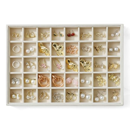 KATISYIO Large Jewelry Organizer for Drawer Insert Velvet Stackable Jewelry Trays for Earring Necklace Bracelet Ring Display (Beige, 40 Grids) by KATISYIO - Used condition - US$11.33
