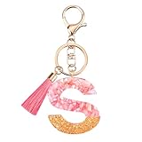 Suweibuke Cute Pink Key Chains for Women Girls, Initial Letter Keychains with Tassel, Charms for Key Purse Handbags Backpacks (Pink-S)