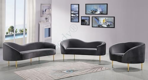 Image of Rosewood Luxury Curved Sofa in Premium Velvet-Fabric | Solid Wood Structure | High Density Foam | Sturdy Golden Legs | Comfortable & Stylish Couch for Modern Living Room (Grey, 3 Seater)