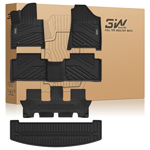 3W Floor Mats & Cargo Liner Fit for 2024 2025 2026 Hyundai Santa Fe (Not for Hybrid) 7 Seats Full Set Floor Liner TPE All Weather Heavy Duty Car Accessories Anti-Slip