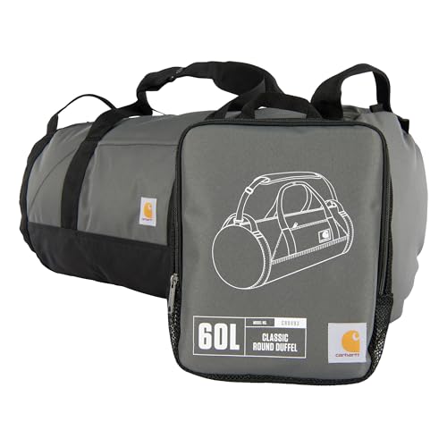 Carhartt Classic Round Duffel with Utility Pouch, Heavy-Duty, Water-Resistant Packable Gear Bag for Jobsite, Gym, and Travel, Gravel, 60L