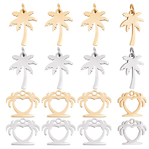 DICOSMETIC 16pcs 2 Styles 2 Colors Coconut Tree Charms Stainless Steel Coconut Palm Charms with Jump Rings Stamping Blank Tree Charms Beach Style Pendants for Jewelry Making,Hole:1.5mm