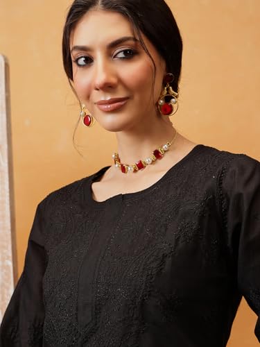 Image of Ada Hand Embroidered Lucknowi Chikankari Straight Cotton Kurta Kurti for Women A215306 Black (M)