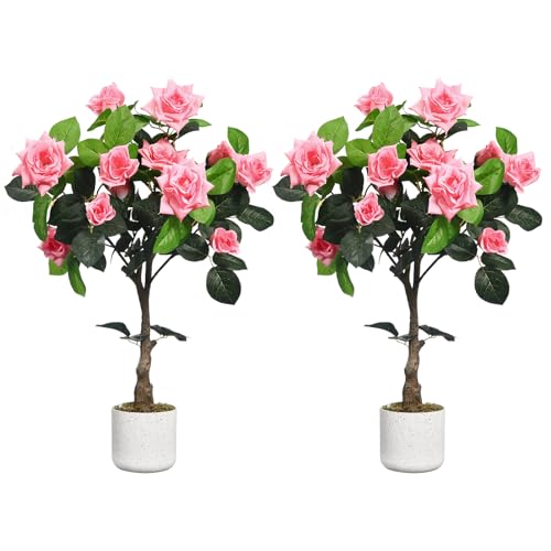 GarveeLife Lot de 2 rosiers artificiels - Rose/Blanc - Plantes de Roses décoratives pour l'intérieur et l'extérieur - 75/80/90/105/120/150 cm de Haut - avec...