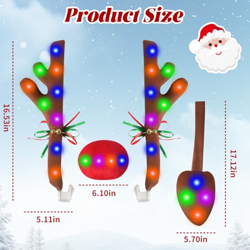 Image of Christmas Reindeer Antlers Car Decoration Kit with LED Multicolor Lights, Top & Grille Xmas Auto Decoration Rudolph Reindeer with Red Nose,Tail & Jingle Bel