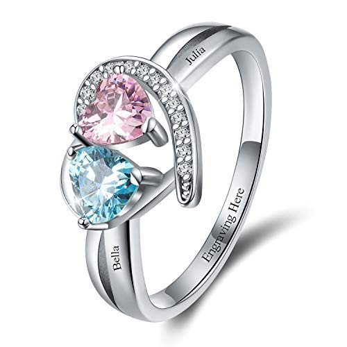 Madeone 925 Sterling Silver 14K Gold Plated Anniversary Rings Promise Rings Engagement Rings Wedding Bands Personalized Mother Ring with 2 Heart Birthstone 2 Names and 1 Engraving Customized Rings (9)