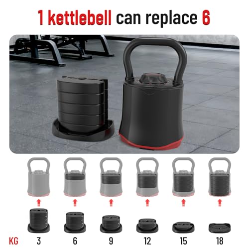 HXD-ERGO Adjustable Kettlebell Set 6 in 1, 3-18kg Solid Aluminum Kettle Bells with Handle, Space Saving Safety Locking Systerm for Home Gym Fitness Weight Lifting Strength Training (Black) - Image 4