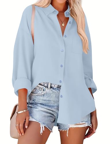 Zeagoo Button Down Shirt for Women Dressy Casual Long Sleeve Blouses Blue Oversized Tops Collared Work Office Outfits XXL
