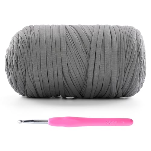 Image of Mooaske 1 Pack T-Shirt Crochet Yarn for DIY Knitting Crochet Cloth Blanket Bag Dolls - 400g Chunky Thick Yarn for Crocheting with Polyester-Spandex Blend Elastic Fabric (Light Gray)