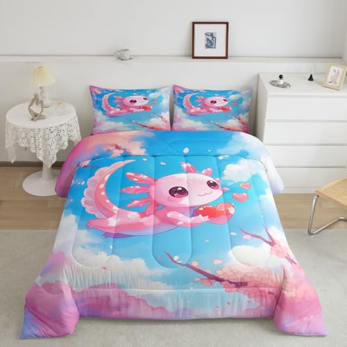 Image of Feelyou Cute Axolotl Bedding Set Cherry Blossoms Girls Comforter Set for Kids Teens Cartoon Salamander Ultra Soft Comforter Kawaii Ocean Sealife Duvet Set Room Decor Full Size Quilt Set