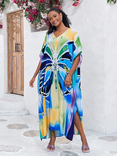 Image of KECVOT Kaftan Dresses for Women V-Neck Print Swimsuit Cover Up Plus Size Beach Caftan Lounge Dress