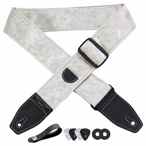 YIKOKO Sangle de guitare en velours de 5,1 cm avec extrémité en cuir pleine fleur, pour guitares basses, électriques et acoustiques, bouton de sangle, 2 verrous de sangle et 4 médiators