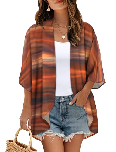 Image of Women's Floral Print Puff Sleeve Kimono Cardigan Loose Cover Up Casual Blouse Tops 2026