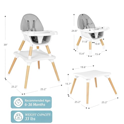 Image of 6 in 1 High Chair for Babies & Toddlers, Convertible Wooden Baby Highchair, Table and Chair Set, Baby Feeding Chair, 5-Point Adjustable Harness /4-Position Removable Tray& PU Seat Cushion(Grey)
