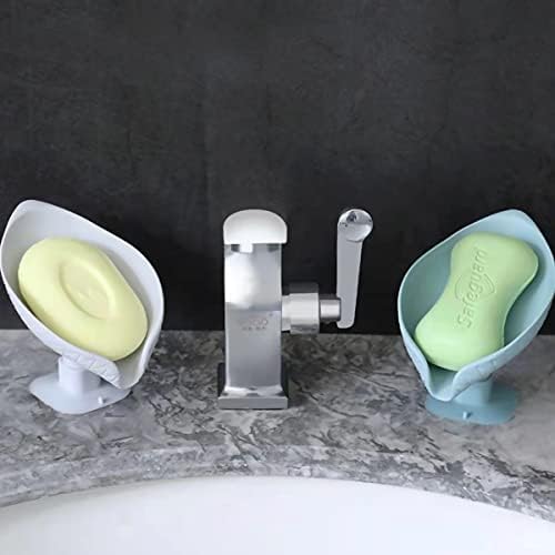 Soap Dish Holder,CHENKEE 4 pcs Plastic Soap Holder Leaf Shape Soap Dishes Self Draining Soap Holder Drainage Soap Box with Suction Cup for Bathroom Shower Restroom (Grey, Mint Green)