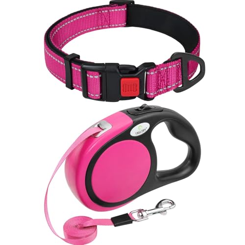 Taglory 10"-16" inches Dog Collar and 16FT Retractable Dog Leash Set, No Tangle Dog Leash Retractable, Adjustable Reflective Dog Collar with Safety Locking Buckle for Small Dogs