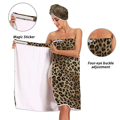 Blueangle Vintage Leopard Print Towel Wrap With Dry Hair Cap & Headband For Women – Women’s Shower & Bath Wrap With Adjustable Closure #TOP3