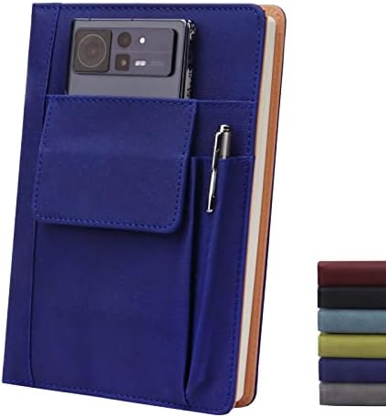 Refillable Lined Leather Journal Notebook, A5 Size Hardcover Journal Notebook for Women Men,100gsm 200 Pages Thick Paper Notebooks with Front Pockets and Pen Pocket, Daily Premium Journal for Writing (navy blue)