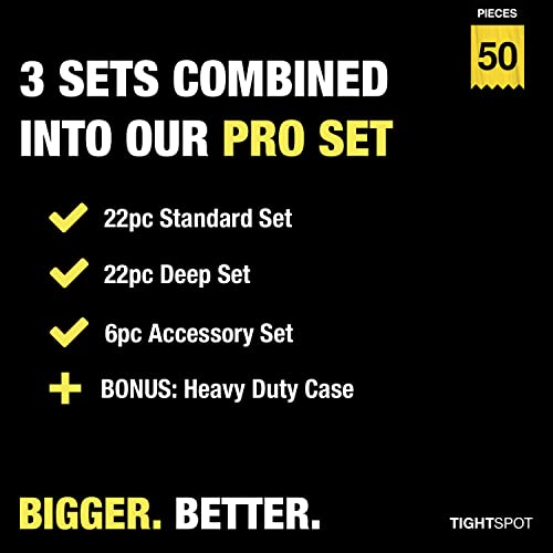 TIGHTSPOT 3/8\" Drive 50pc Impact Socket PRO SET, our Most Popular Set Ever with SAE & Metric from 5/16 Inch - 3/4 Inch, 8mm-19mm + 21mm + 22mm, Standard/Deep Sockets, Extension Bars, Adapters & More