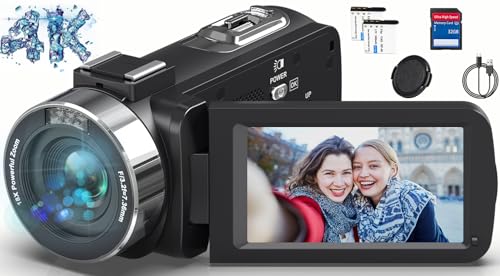 Caméscope 4K Caméra Vidéo HD 80MP 30FPS Vision Nocturne Infrarouge Zoom Numérique 18X Webcam Camescope, 3,0’’ Pouces Rotation à Écran IPS Vlogging Camera pour Youtube avec 2 Batteries, Carte SD 32Go