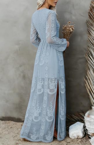 Image of LRISES Womens V Neck Floral Embroidered Lace Wedding Maxi Dress Boho Short Sleeve Slit Bridesmaid Evening Party Dresses