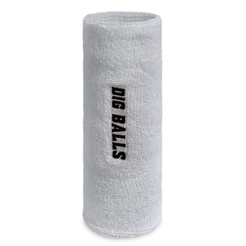 Thick Absorbent 9" Long Cotton Terry Wristband, White/Black Dig Balls Text