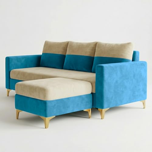 Image of FURNY Canvora 4 Seater L Shape Sofa Set with Movable Ottoman | Flexible Left or Right Layout | Plush Velvet Fabric (Cream-Aqua Blue) | Perfect for Living Room, Guest Room & Office