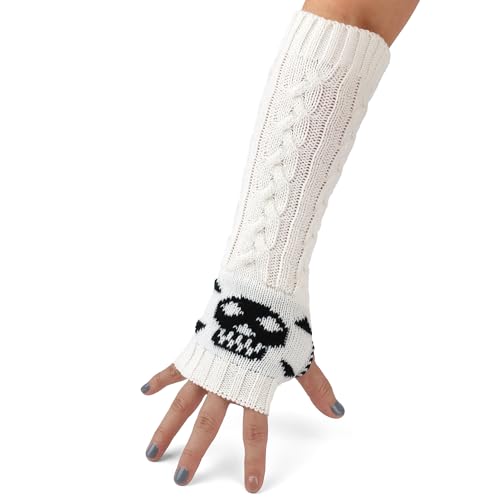 F Flammi Arm Warmers Goth Knitted Fingerless Gloves Punk Skull Hand Warmers for Cosplay Typing Driving