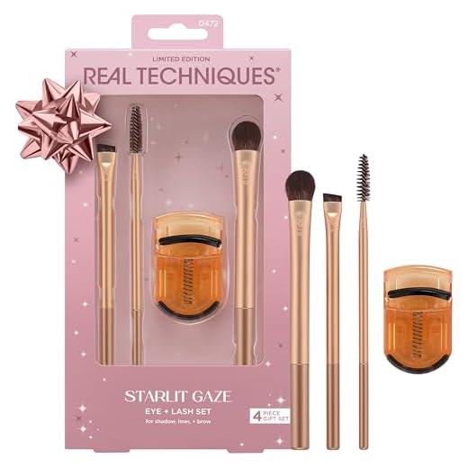 Real Techniques Conjunto de 4 peças Starlit Gaze Eye + Lash, conjunto de pincéis de maquiagem para olhos para produtos de sombras e sobrancelhas, mini modelador de cílios para viagens, material de