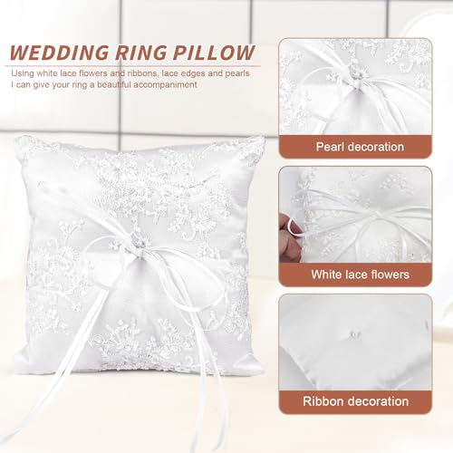 mimzemamz Ringkissen Hochzeit Ringhalter Kissen, Weiß Brautkissen Träger Ringschachtel 15x15cm Ringkästchen Ringschatulle mit Satinband für Eheringe