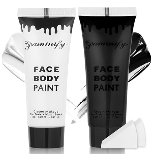 Paminify Black White Face Body Paint 1.01 oz/pc with 2 Sponges Water Based Cream Face Paint for Clown Zombie Vampire Skeleton Cosplay Makeup Halloween SFX Makeup Face Painting Kit 2.02 oz